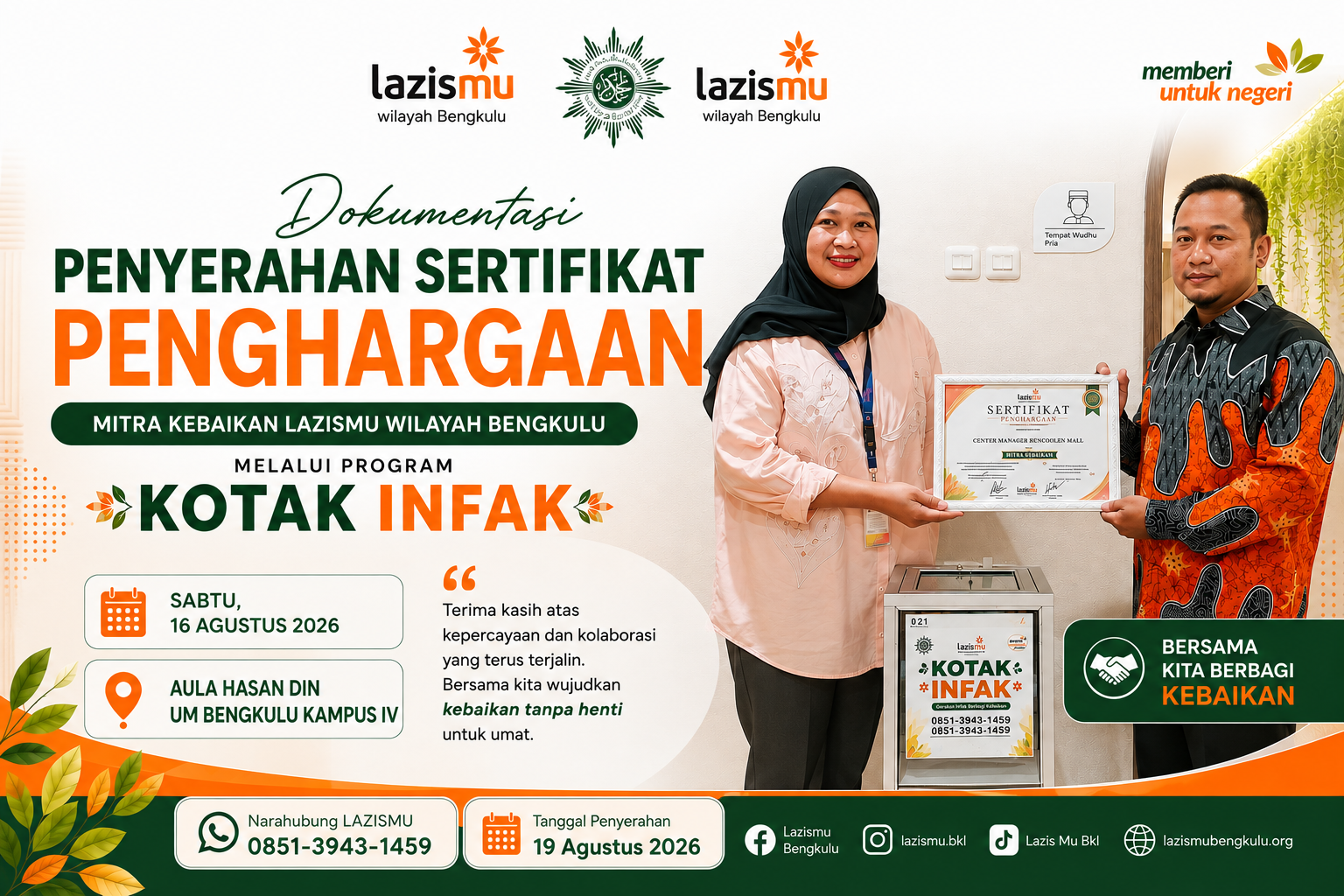 LAZISMU Bengkulu Serahkan Sertifikat Penghargaan kepada Center Manager Bencoolen Mall sebagai Mitra Kebaikan